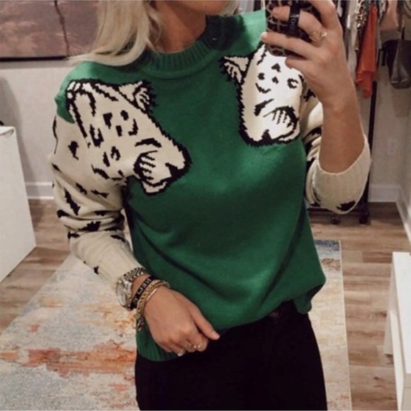 Boho Green Leopard Animal Print Cozy Sweater - Picture 2 of 3